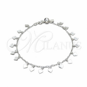 Tobillera de Dije 03.409.0051.10 Plata Rodinada, Diseño de Corazón, Pulido, Tono Plateado (Grosor 02 MM, 10 Pulgadas de Largo)
