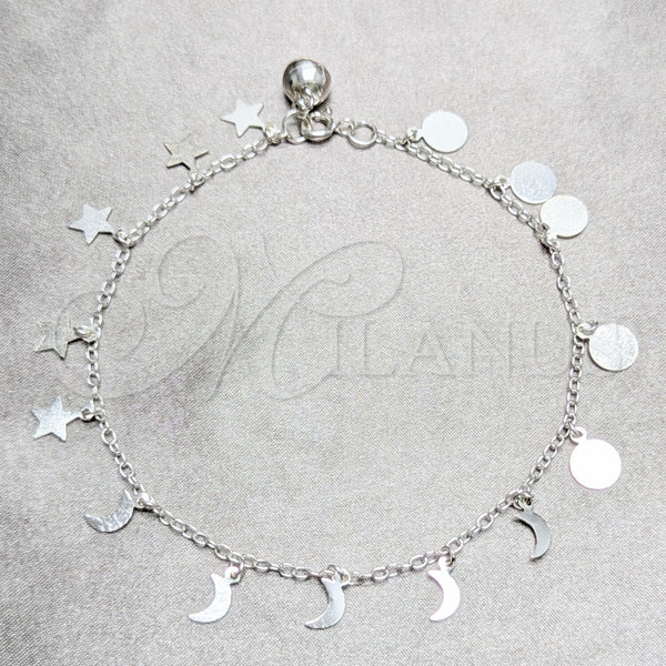 Tobillera de Dije 03.409.0052.10 Plata Rodinada, Diseño de Luna y Estrella, Pulido, Tono Plateado (Grosor 02 MM, 10 Pulgadas de Largo)