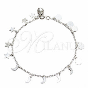 Tobillera de Dije 03.409.0052.10 Plata Rodinada, Diseño de Luna y Estrella, Pulido, Tono Plateado (Grosor 02 MM, 10 Pulgadas de Largo)