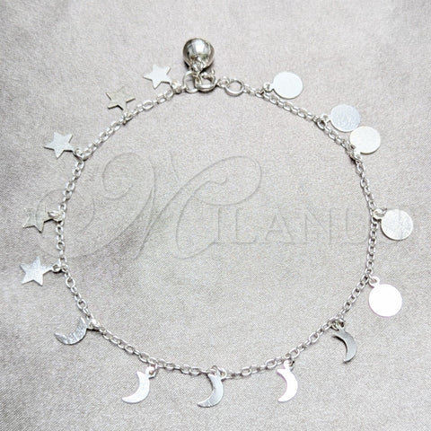 Tobillera de Dije 03.409.0052.10 Plata Rodinada, Diseño de Luna y Estrella, Pulido, Tono Plateado (Grosor 02 MM, 10 Pulgadas de Largo)