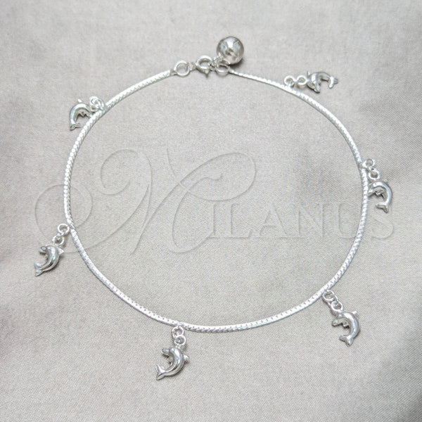 Tobillera de Dije 03.409.0053.10 Plata Rodinada, Diseño de Delfín, Pulido, Tono Plateado (Grosor 01 MM, 10 Pulgadas de Largo)