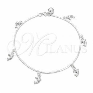 Tobillera de Dije 03.409.0053.10 Plata Rodinada, Diseño de Delfín, Pulido, Tono Plateado (Grosor 01 MM, 10 Pulgadas de Largo)