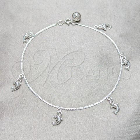 Tobillera de Dije 03.409.0053.10 Plata Rodinada, Diseño de Delfín, Pulido, Tono Plateado (Grosor 01 MM, 10 Pulgadas de Largo)