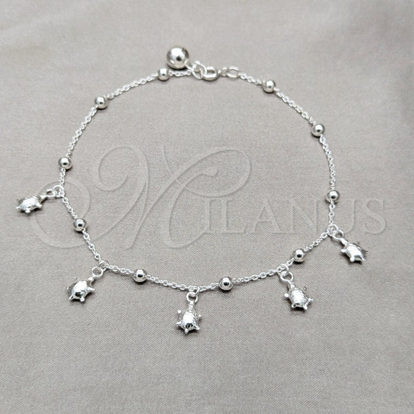 Tobillera de Dije 03.409.0054.10 Plata Rodinada, Diseño de Tortuga y Bola, Pulido, Tono Plateado (Grosor 01 MM, 10 Pulgadas de Largo)