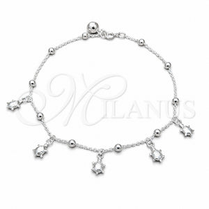 Tobillera de Dije 03.409.0054.10 Plata Rodinada, Diseño de Tortuga y Bola, Pulido, Tono Plateado (Grosor 01 MM, 10 Pulgadas de Largo)