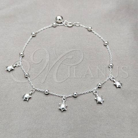 Tobillera de Dije 03.409.0054.10 Plata Rodinada, Diseño de Tortuga y Bola, Pulido, Tono Plateado (Grosor 01 MM, 10 Pulgadas de Largo)