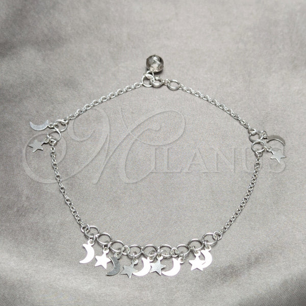 Tobillera de Dije 03.409.0055.10 Plata Rodinada, Diseño de Estrella y Luna, Pulido, Tono Plateado (Grosor 01 MM, 10 Pulgadas de Largo)