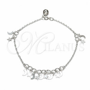 Tobillera de Dije 03.409.0055.10 Plata Rodinada, Diseño de Estrella y Luna, Pulido, Tono Plateado (Grosor 01 MM, 10 Pulgadas de Largo)