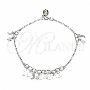 Tobillera de Dije 03.409.0055.10 Plata Rodinada, Diseño de Estrella y Luna, Pulido, Tono Plateado (Grosor 01 MM, 10 Pulgadas de Largo)