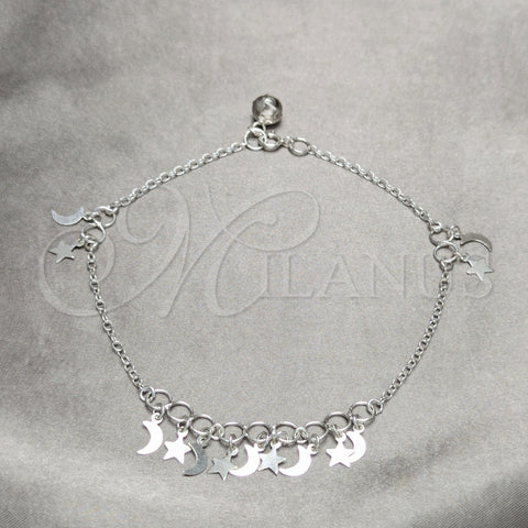 Tobillera de Dije 03.409.0055.10 Plata Rodinada, Diseño de Estrella y Luna, Pulido, Tono Plateado (Grosor 01 MM, 10 Pulgadas de Largo)