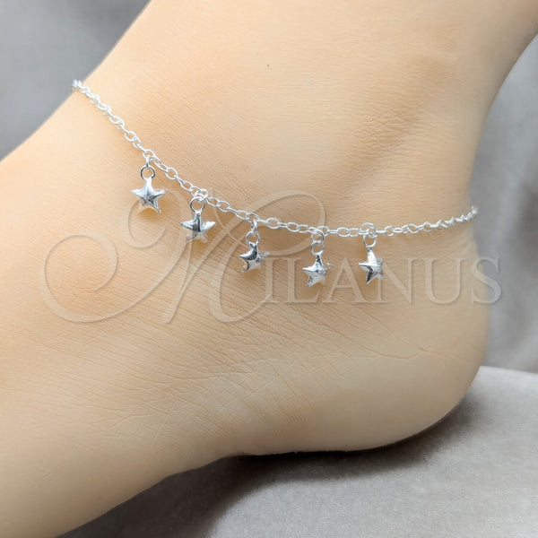Tobillera de Dije 03.409.0056.10 Plata Rodinada, Diseño de Estrella, Pulido, Tono Plateado (Grosor 01 MM, 10 Pulgadas de Largo)