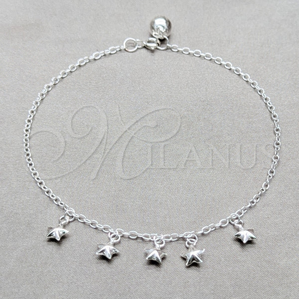 Tobillera de Dije 03.409.0056.10 Plata Rodinada, Diseño de Estrella, Pulido, Tono Plateado (Grosor 01 MM, 10 Pulgadas de Largo)
