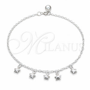 Tobillera de Dije 03.409.0056.10 Plata Rodinada, Diseño de Estrella, Pulido, Tono Plateado (Grosor 01 MM, 10 Pulgadas de Largo)