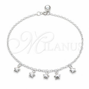Tobillera de Dije 03.409.0056.10 Plata Rodinada, Diseño de Estrella, Pulido, Tono Plateado (Grosor 01 MM, 10 Pulgadas de Largo)