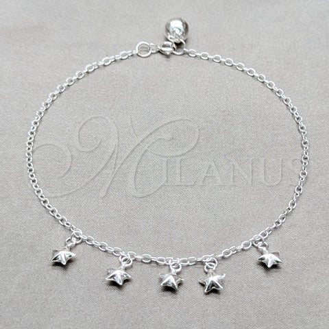 Tobillera de Dije 03.409.0056.10 Plata Rodinada, Diseño de Estrella, Pulido, Tono Plateado (Grosor 01 MM, 10 Pulgadas de Largo)