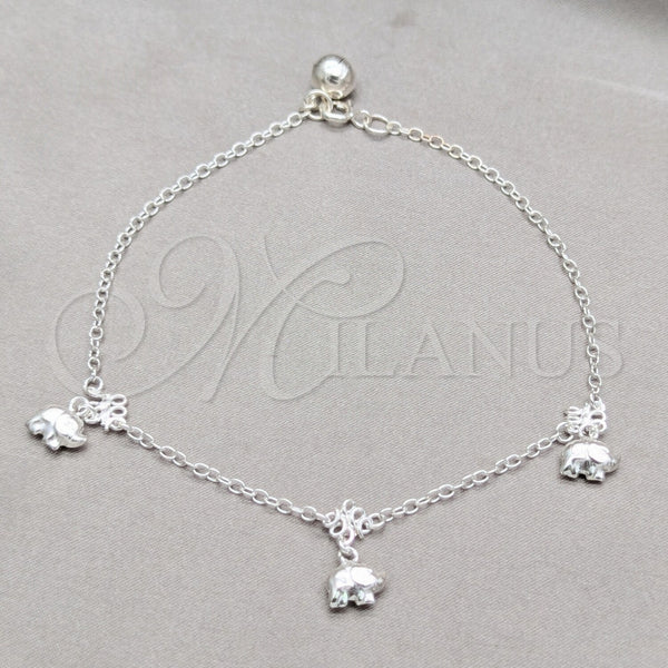 Tobillera de Dije 03.409.0057.10 Plata Rodinada, Diseño de Elefante, Pulido, Tono Plateado (Grosor 01 MM, 10 Pulgadas de Largo)
