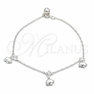 Tobillera de Dije 03.409.0057.10 Plata Rodinada, Diseño de Elefante, Pulido, Tono Plateado (Grosor 01 MM, 10 Pulgadas de Largo)