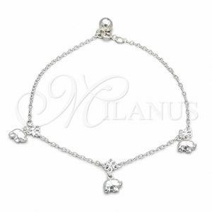 Tobillera de Dije 03.409.0057.10 Plata Rodinada, Diseño de Elefante, Pulido, Tono Plateado (Grosor 01 MM, 10 Pulgadas de Largo)