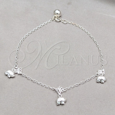 Tobillera de Dije 03.409.0057.10 Plata Rodinada, Diseño de Elefante, Pulido, Tono Plateado (Grosor 01 MM, 10 Pulgadas de Largo)