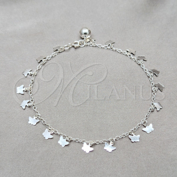 Tobillera de Dije 03.409.0058.10 Plata Rodinada, Diseño de Mariposa, Pulido, Tono Plateado (Grosor 01 MM, 10 Pulgadas de Largo)
