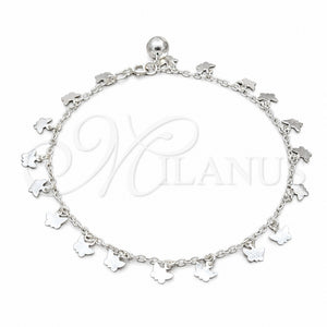 Tobillera de Dije 03.409.0058.10 Plata Rodinada, Diseño de Mariposa, Pulido, Tono Plateado (Grosor 01 MM, 10 Pulgadas de Largo)