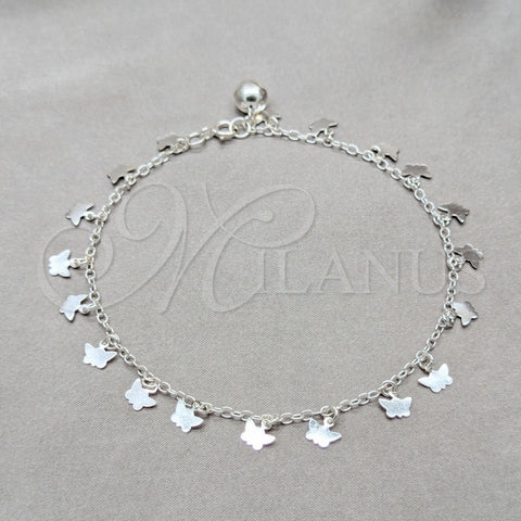 Tobillera de Dije 03.409.0058.10 Plata Rodinada, Diseño de Mariposa, Pulido, Tono Plateado (Grosor 01 MM, 10 Pulgadas de Largo)
