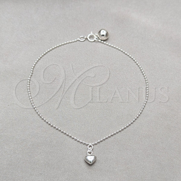 Tobillera de Dije 03.409.0059.10 Plata Rodinada, Diseño de Corazón, Pulido, Tono Plateado (Grosor 01 MM, 10 Pulgadas de Largo)