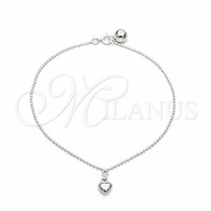 Tobillera de Dije 03.409.0059.10 Plata Rodinada, Diseño de Corazón, Pulido, Tono Plateado (Grosor 01 MM, 10 Pulgadas de Largo)