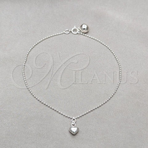 Tobillera de Dije 03.409.0059.10 Plata Rodinada, Diseño de Corazón, Pulido, Tono Plateado (Grosor 01 MM, 10 Pulgadas de Largo)