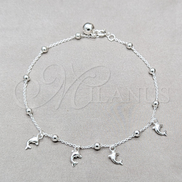 Tobillera de Dije 03.409.0060.10 Plata Rodinada, Diseño de Delfín y Bola, Pulido, Tono Plateado (Grosor 01 MM, 10 Pulgadas de Largo)