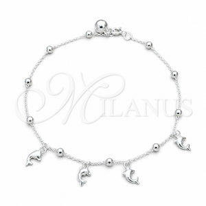Tobillera de Dije 03.409.0060.10 Plata Rodinada, Diseño de Delfín y Bola, Pulido, Tono Plateado (Grosor 01 MM, 10 Pulgadas de Largo)