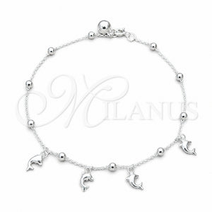 Tobillera de Dije 03.409.0060.10 Plata Rodinada, Diseño de Delfín y Bola, Pulido, Tono Plateado (Grosor 01 MM, 10 Pulgadas de Largo)