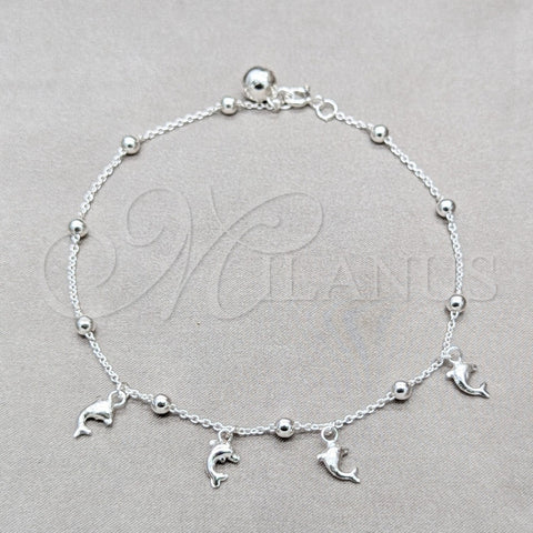 Tobillera de Dije 03.409.0060.10 Plata Rodinada, Diseño de Delfín y Bola, Pulido, Tono Plateado (Grosor 01 MM, 10 Pulgadas de Largo)