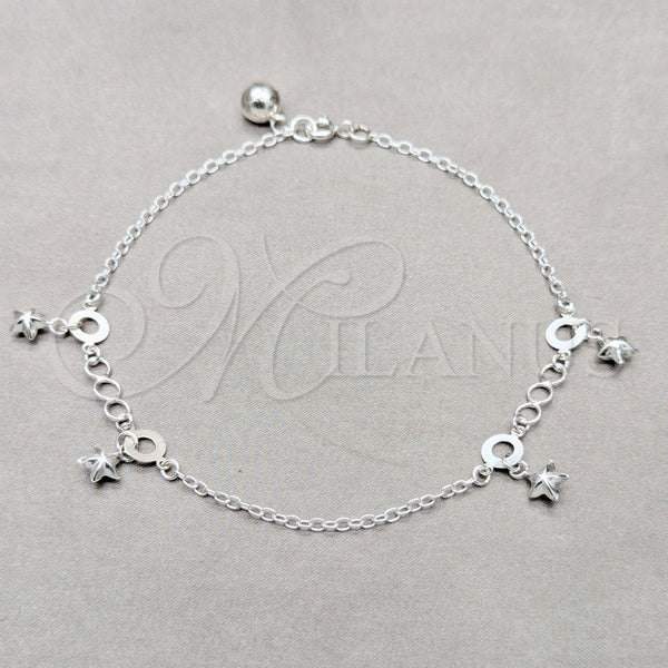 Tobillera de Dije 03.409.0061.10 Plata Rodinada, Diseño de Estrella, Pulido, Tono Plateado (Grosor 01 MM, 10 Pulgadas de Largo)