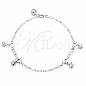 Tobillera de Dije 03.409.0061.10 Plata Rodinada, Diseño de Estrella, Pulido, Tono Plateado (Grosor 01 MM, 10 Pulgadas de Largo)