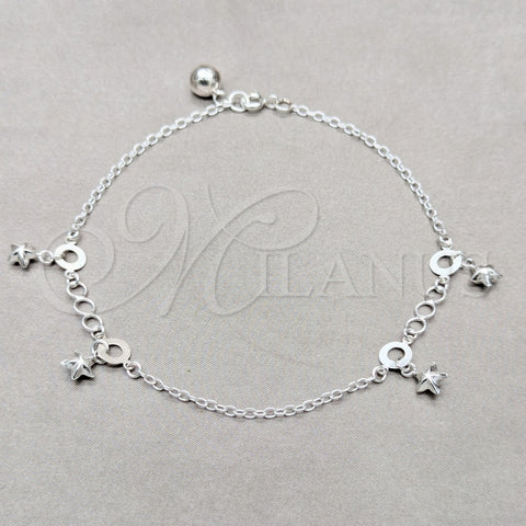 Tobillera de Dije 03.409.0061.10 Plata Rodinada, Diseño de Estrella, Pulido, Tono Plateado (Grosor 01 MM, 10 Pulgadas de Largo)