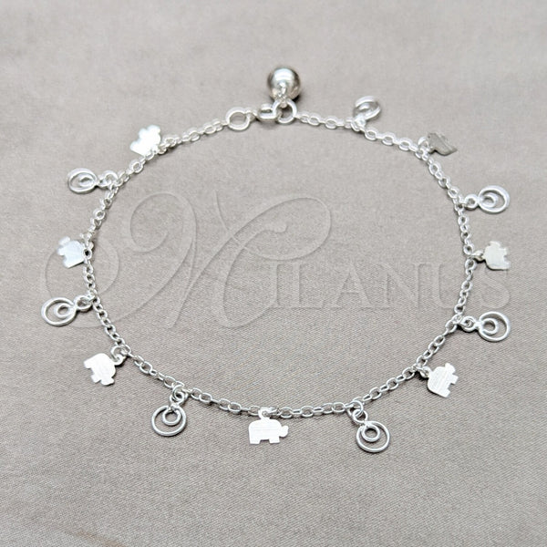 Tobillera de Dije 03.409.0062.10 Plata Rodinada, Diseño de Elefante, Pulido, Tono Plateado (Grosor 01 MM, 10 Pulgadas de Largo)