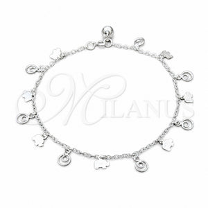 Tobillera de Dije 03.409.0062.10 Plata Rodinada, Diseño de Elefante, Pulido, Tono Plateado (Grosor 01 MM, 10 Pulgadas de Largo)