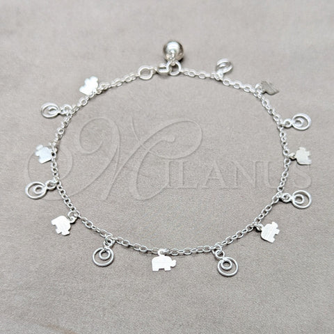 Tobillera de Dije 03.409.0062.10 Plata Rodinada, Diseño de Elefante, Pulido, Tono Plateado (Grosor 01 MM, 10 Pulgadas de Largo)