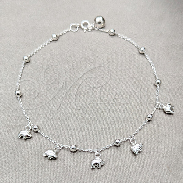 Tobillera de Dije 03.409.0063.10 Plata Rodinada, Diseño de Elefante y Bola, Pulido, Tono Plateado (Grosor 01 MM, 10 Pulgadas de Largo)
