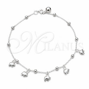 Tobillera de Dije 03.409.0063.10 Plata Rodinada, Diseño de Elefante y Bola, Pulido, Tono Plateado (Grosor 01 MM, 10 Pulgadas de Largo)