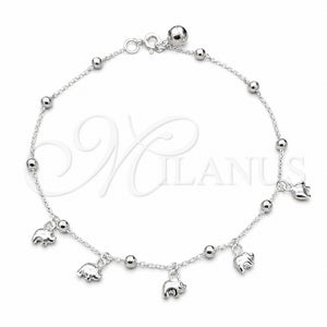 Tobillera de Dije 03.409.0063.10 Plata Rodinada, Diseño de Elefante y Bola, Pulido, Tono Plateado (Grosor 01 MM, 10 Pulgadas de Largo)