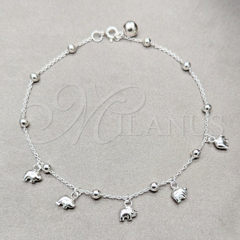 Tobillera de Dije 03.409.0063.10 Plata Rodinada, Diseño de Elefante y Bola, Pulido, Tono Plateado (Grosor 01 MM, 10 Pulgadas de Largo)