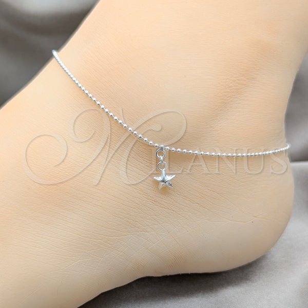 Tobillera de Dije 03.409.0064.10 Plata Rodinada, Diseño de Estrella, Pulido, Tono Plateado (Grosor 01 MM, 10 Pulgadas de Largo)
