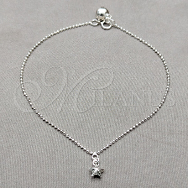 Tobillera de Dije 03.409.0064.10 Plata Rodinada, Diseño de Estrella, Pulido, Tono Plateado (Grosor 01 MM, 10 Pulgadas de Largo)
