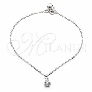 Tobillera de Dije 03.409.0064.10 Plata Rodinada, Diseño de Estrella, Pulido, Tono Plateado (Grosor 01 MM, 10 Pulgadas de Largo)