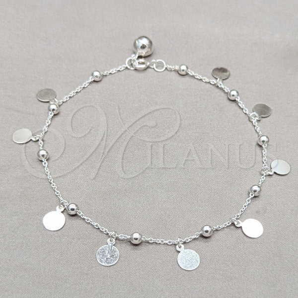 Tobillera de Dije 03.409.0066.10 Plata Rodinada, Diseño de Rolo, Pulido, Tono Plateado (Grosor 01 MM, 10 Pulgadas de Largo)