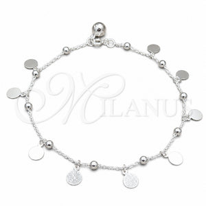 Tobillera de Dije 03.409.0066.10 Plata Rodinada, Diseño de Rolo, Pulido, Tono Plateado (Grosor 01 MM, 10 Pulgadas de Largo)