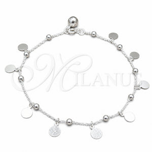 Tobillera de Dije 03.409.0066.10 Plata Rodinada, Diseño de Rolo, Pulido, Tono Plateado (Grosor 01 MM, 10 Pulgadas de Largo)
