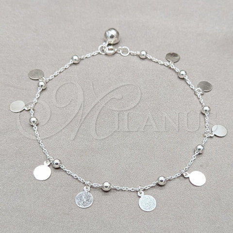 Tobillera de Dije 03.409.0066.10 Plata Rodinada, Diseño de Rolo, Pulido, Tono Plateado (Grosor 01 MM, 10 Pulgadas de Largo)